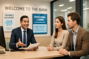Illustration of a person receiving a personal loan from a bank or digital lender without collateral, representing financial freedom and flexible usage like medical bills, weddings, or home renovation.