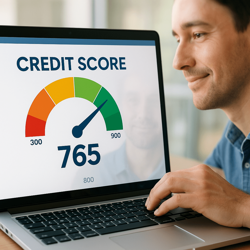 Person checking credit score report on a laptop or phone before applying for a personal loan.